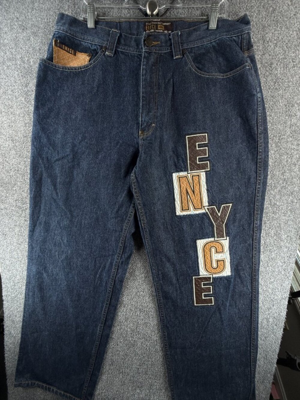 Enyce Dark Wash Leather Cotton Denim Jeans Spell Put Big Logo Patch ACTL 36X32